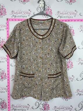 Shirt vintage Floral Button-Front Short Sleeve Top with Contrast Trim
